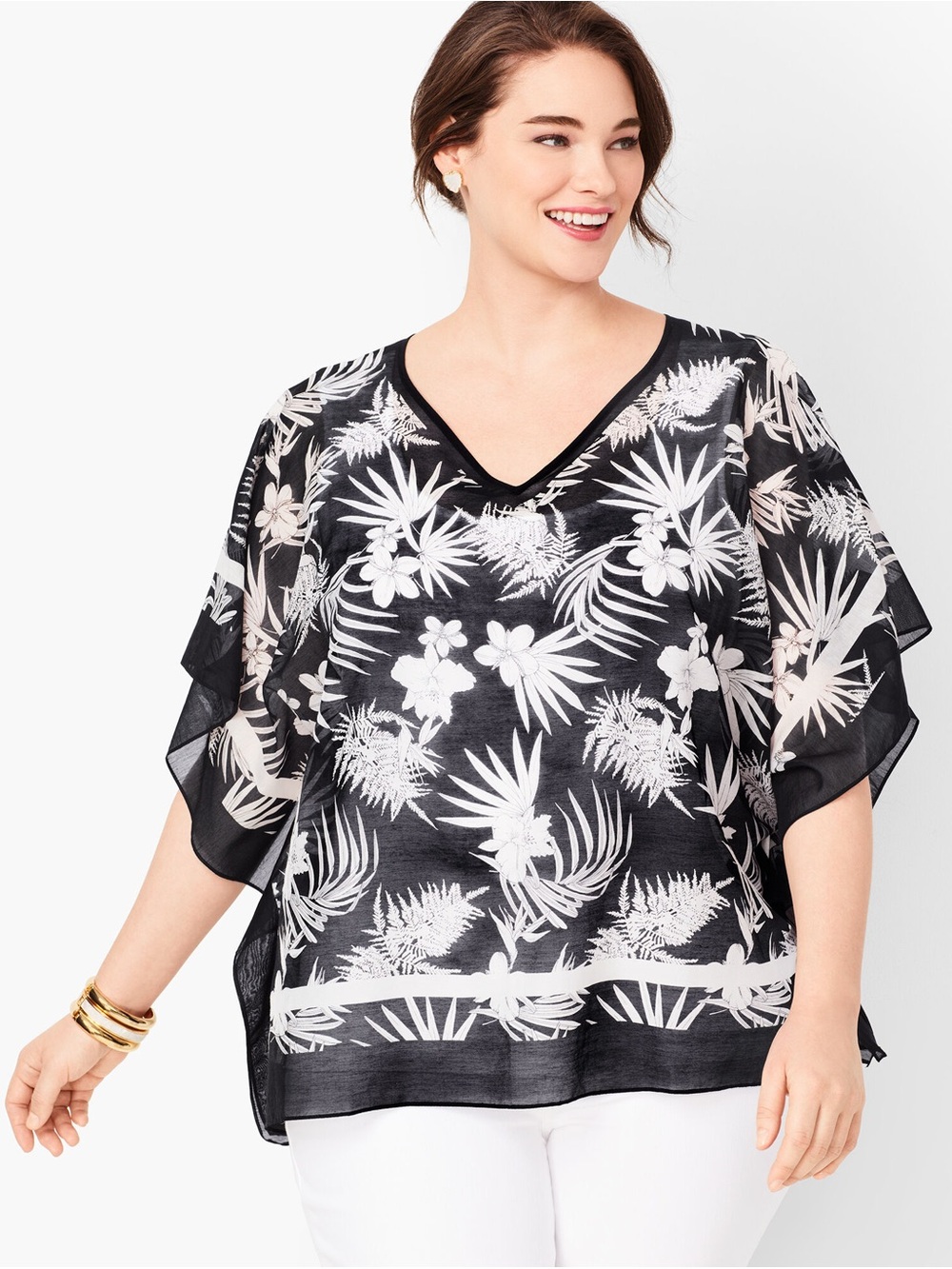 Talbots Cotton and Silk Botanical Black and White Leaf Print Lightweight Poncho